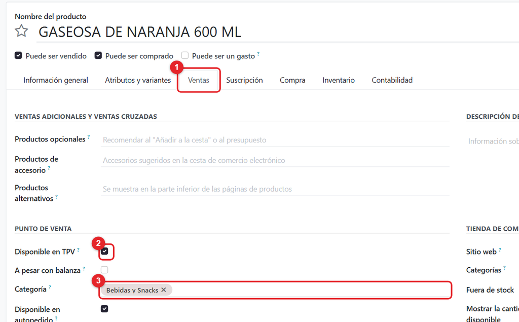 Paso 4 - Disponible en TPV y categoría - Cómo crear un producto nuevo