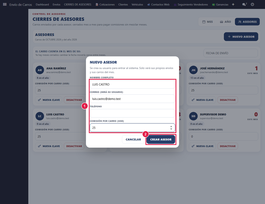 Paso 1 - Cree a cada asesor - Cómo cerrar el mes de los asesores (supervisor)