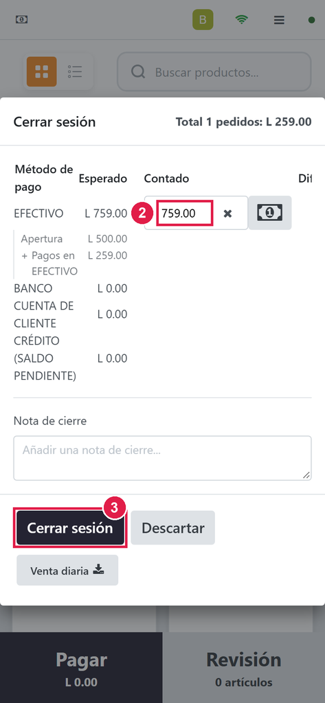 Paso 2 - Escriba el efectivo contado - PV-07 · Cerrar la jornada de ruta desde el teléfono