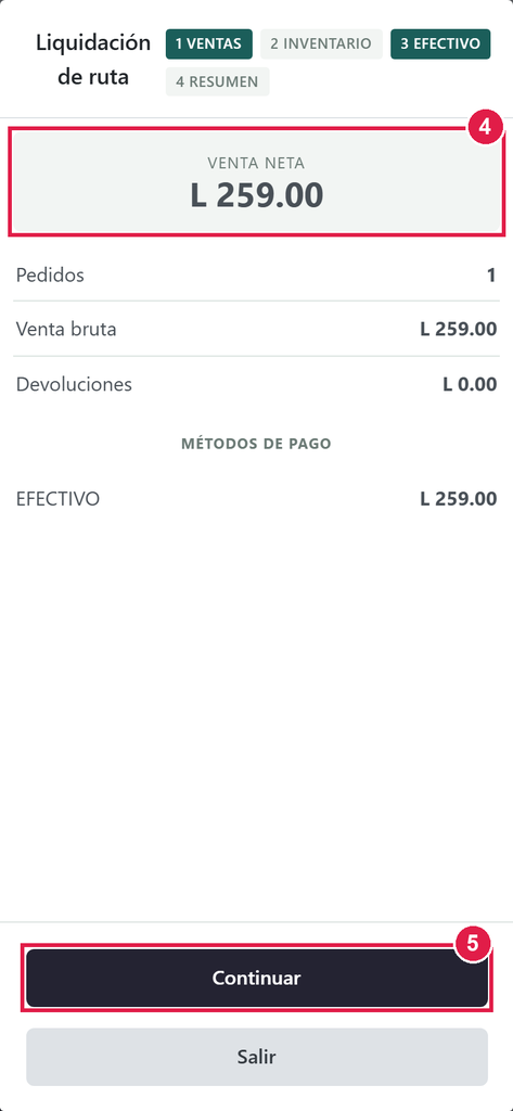 Paso 3 - Revise sus ventas - PV-07 · Cerrar la jornada de ruta desde el teléfono