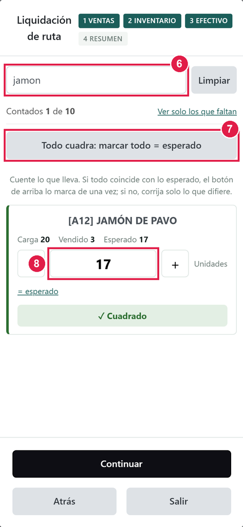 Paso 4 - Cuente los productos - PV-07 · Cerrar la jornada de ruta desde el teléfono