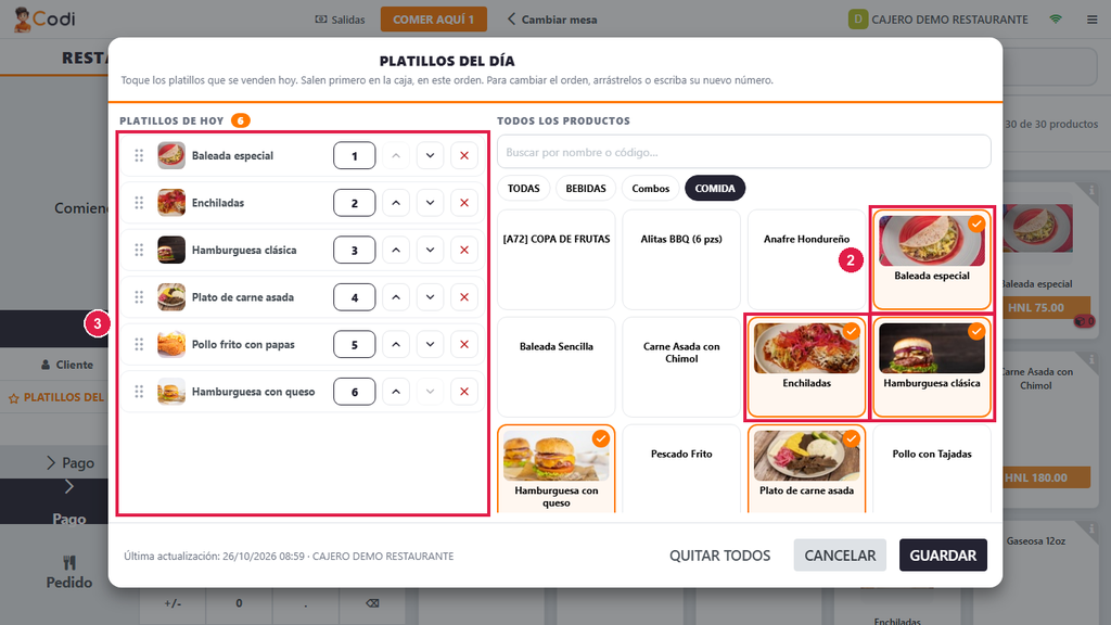 Paso 2 - Toque los platillos de hoy - Cómo usar los platillos del día