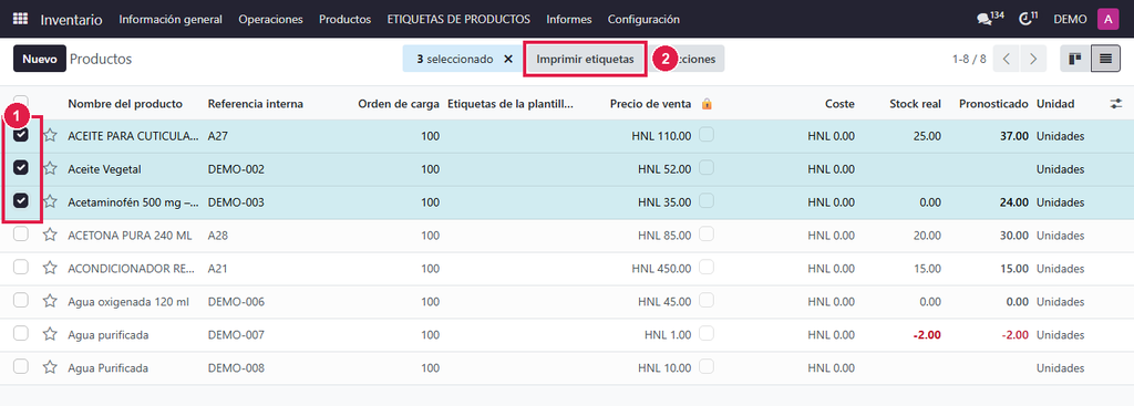 Paso 1 - Elija los productos - IN-01 · Imprimir etiquetas con código de barras y precio