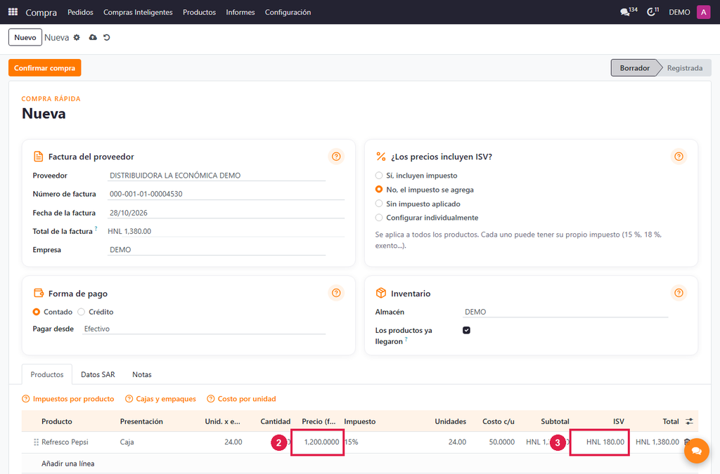 Paso 2 - Escriba el precio sin ISV - Cómo comprar con el ISV no incluido