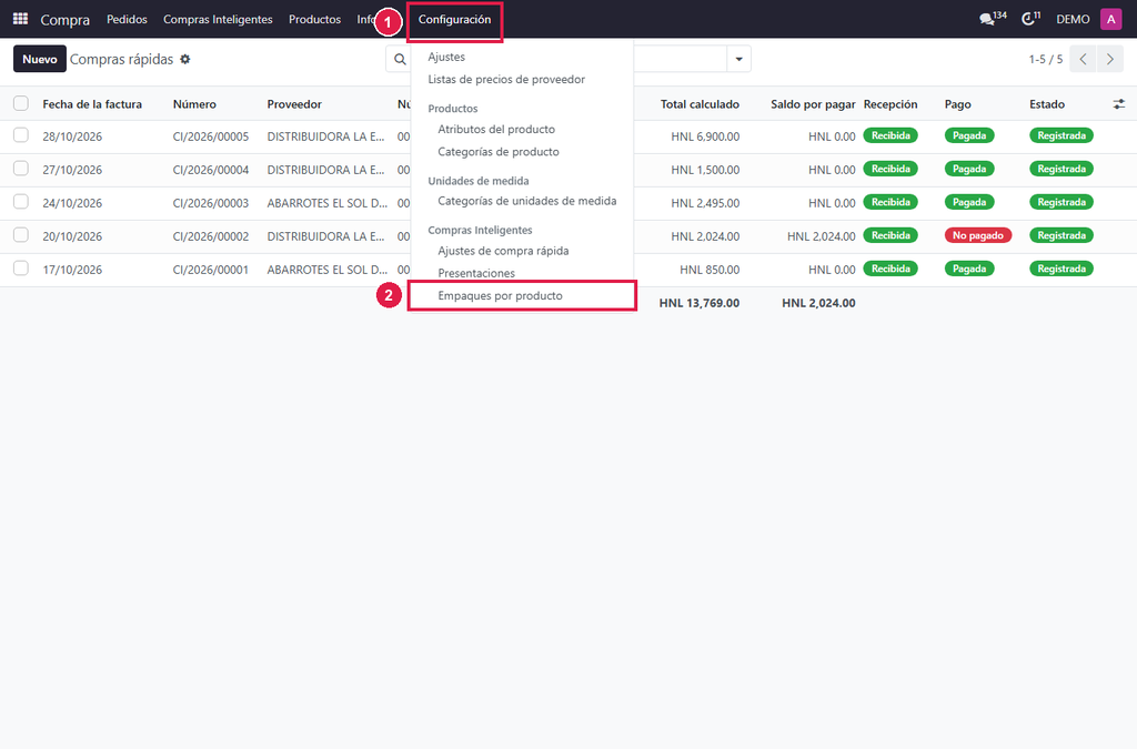 Paso 1 - Abra Empaques por producto - Cómo configurar las unidades por empaque