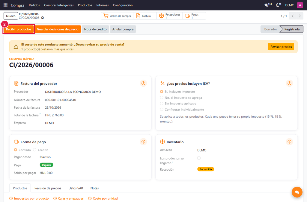 Paso 2 - Pulse Recibir productos - Cómo recibir los productos en inventario