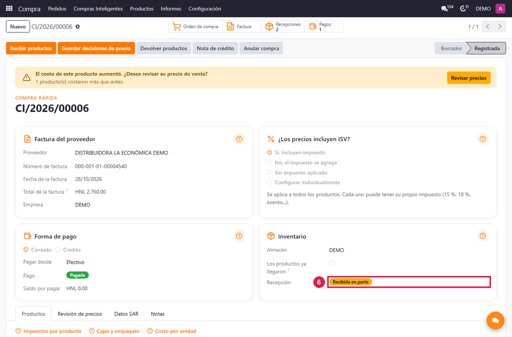 Paso 5 - Revise el estado - Cómo recibir los productos en inventario