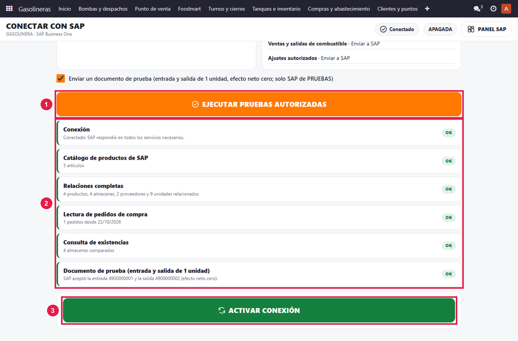 Paso 4 - Pruebe y active - Cómo conectar CODIFICANDO Gasolineras con SAP
