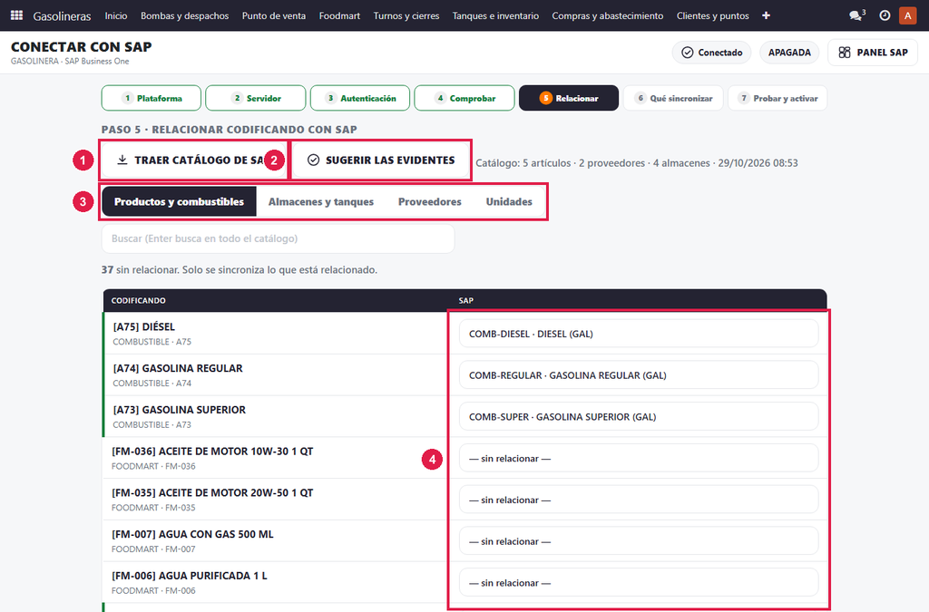 Paso 1 - Relacione los productos - Cómo relacionar productos y tanques con SAP