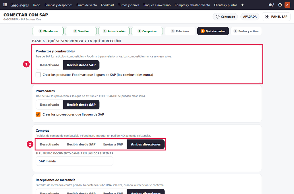 Paso 3 - Elija qué se sincroniza - Cómo relacionar productos y tanques con SAP