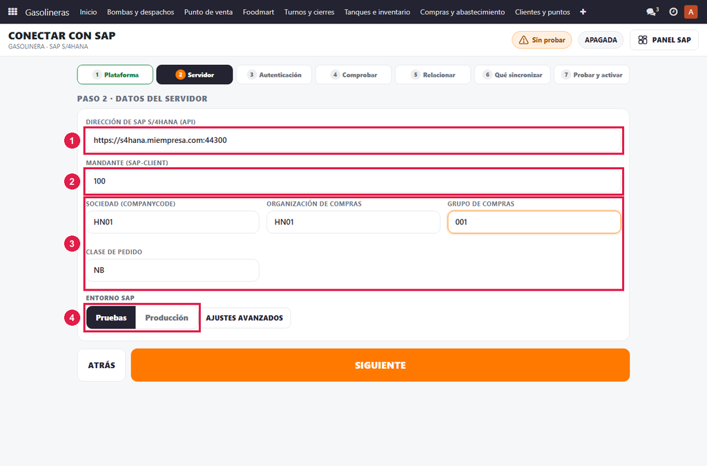 Paso 2 - Escriba el servidor y los datos de compras - SAP S/4HANA: datos que necesita y conexión