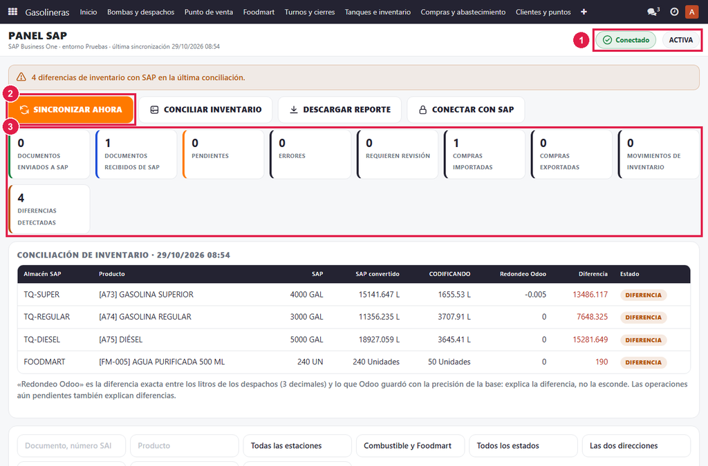 Paso 1 - Revise el estado - Panel SAP: operaciones, errores e inventario