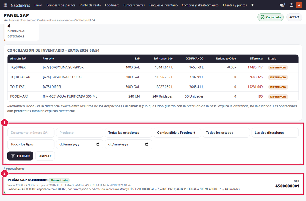 Paso 2 - Busque una operación - Panel SAP: operaciones, errores e inventario