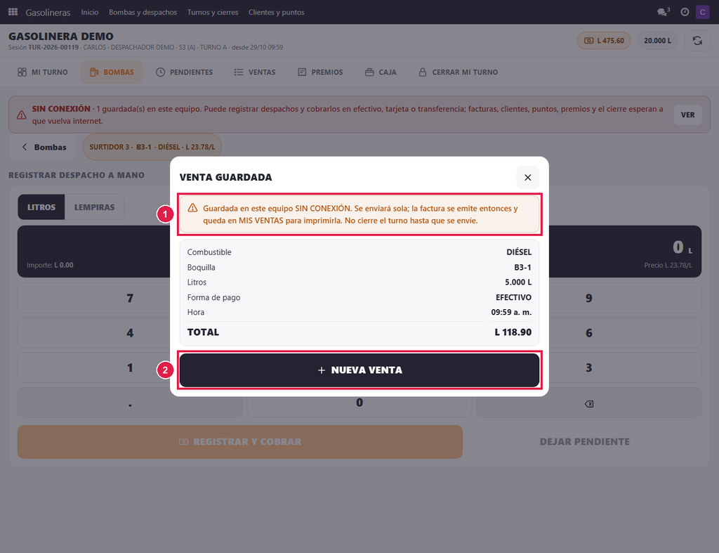 Paso 2 - Venta guardada - Cómo vender sin internet
