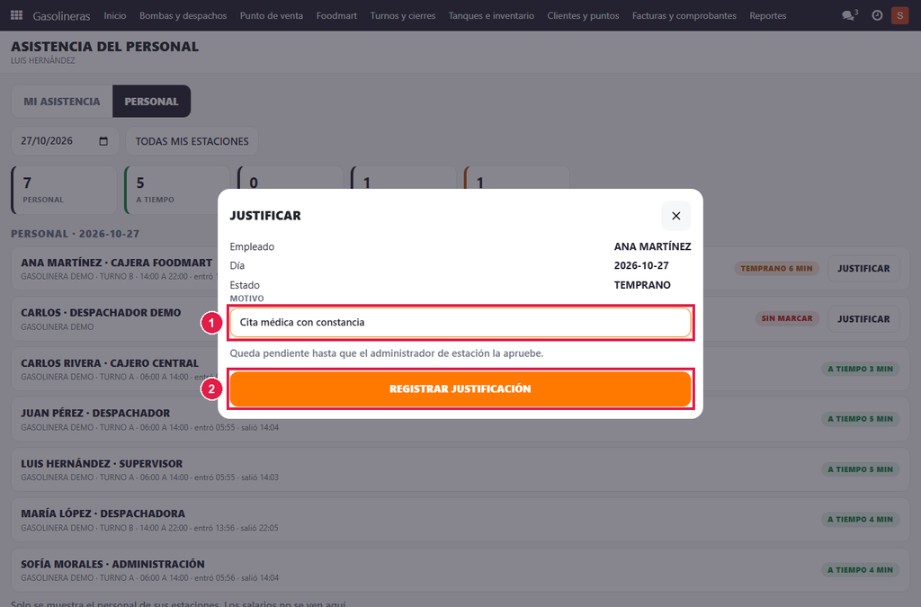Paso 2 - Justifique - Asistencia del personal y justificaciones
