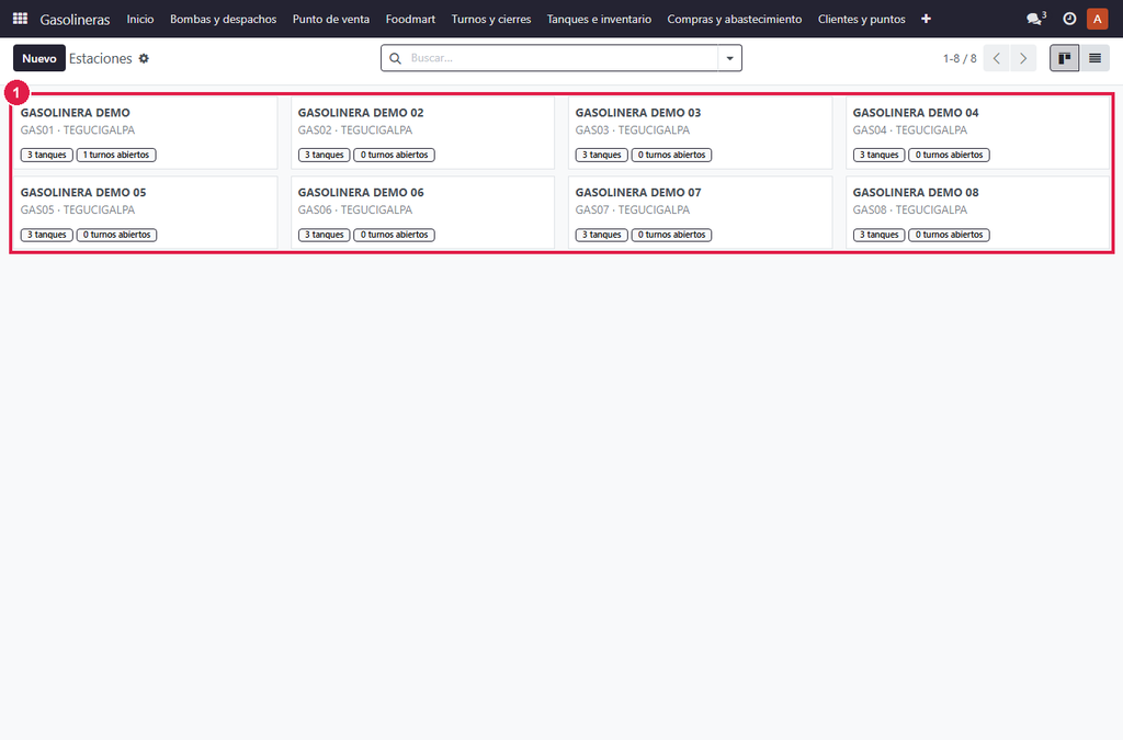 Paso 2 - Revise - Las 8 sucursales y su inventario independiente