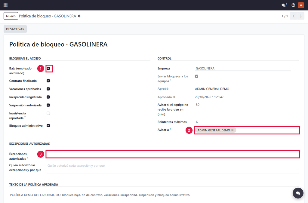 Paso 1 - Defina la política - Política de bloqueo y verificación del biométrico