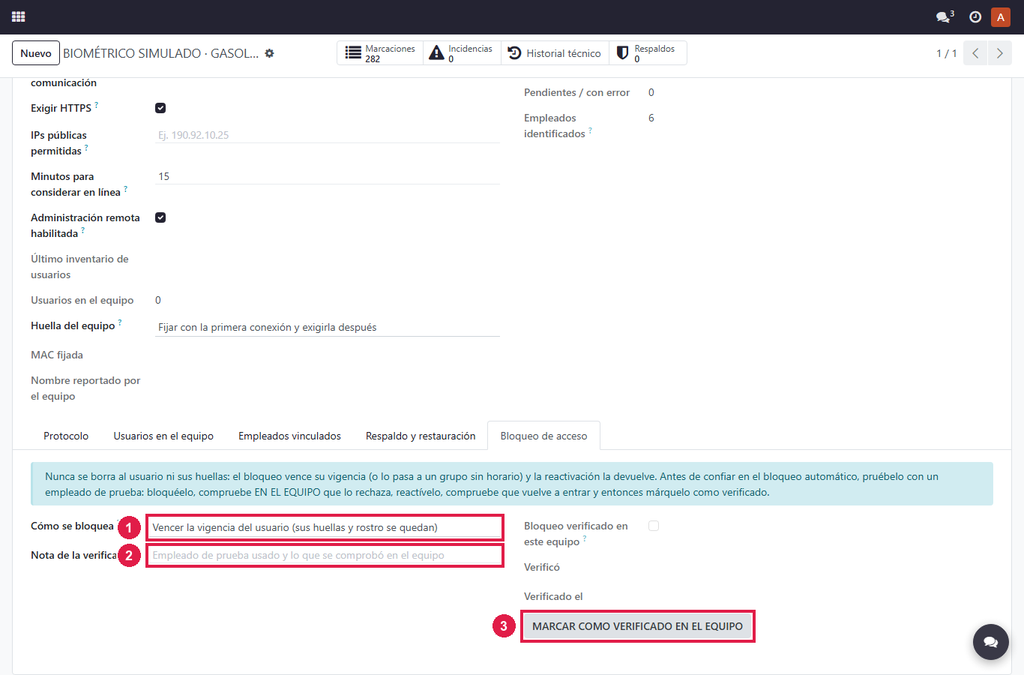 Paso 2 - Verifique el equipo - Política de bloqueo y verificación del biométrico