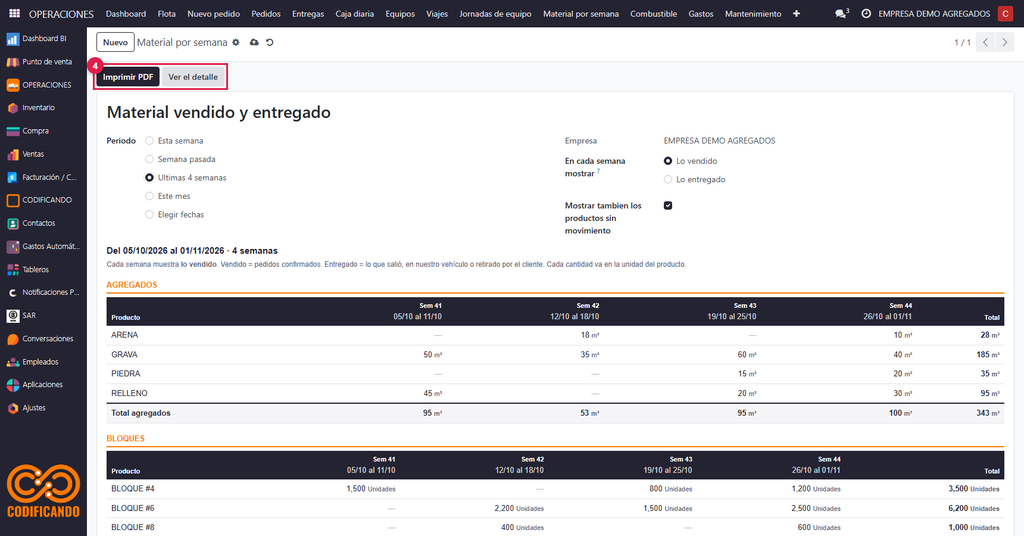 Paso 4 - Comparar semanas, imprimir o ver el detalle - Cómo ver cuánto se vendió de cada material en la semana