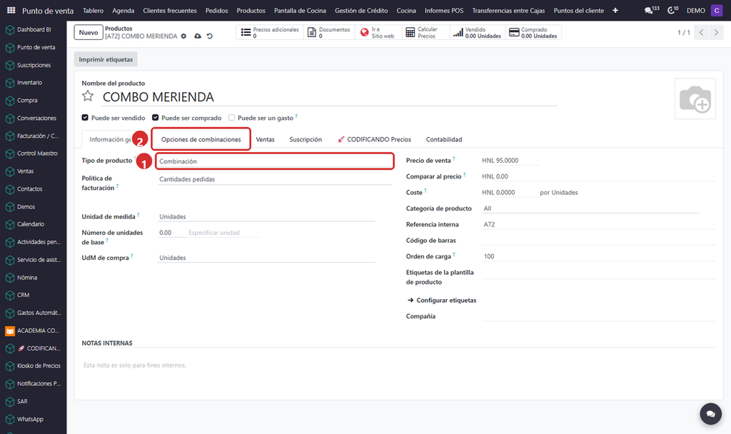 Paso 4 - Elegir «Combinación» y ver la pestaña nueva - Cómo convertir en combinación (combo) un producto que ya existe