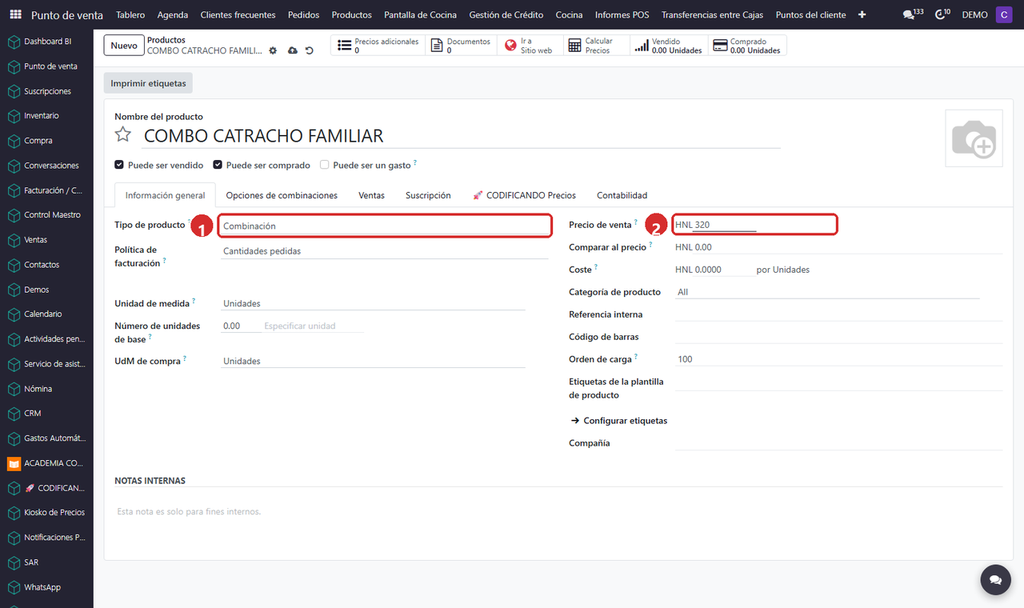 Paso 3 - Tipo «Combinación» y precio - Cómo crear desde cero un producto con combinación (combo)