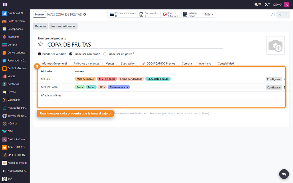 Paso 6 - Pegarle las preguntas al producto - Cómo hacer que el producto pregunte opciones al cajero (sabores, salsas, mieles)