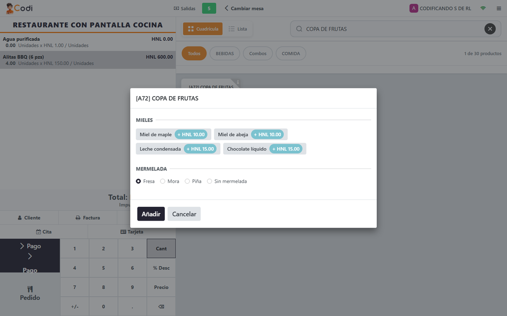 Paso 7 - Verlo en la caja - Cómo hacer que el producto pregunte opciones al cajero (sabores, salsas, mieles)