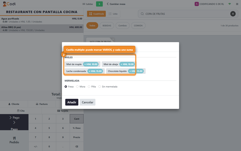 Paso 8 - Las dos clases de pregunta, una al lado de la otra - Cómo hacer que el producto pregunte opciones al cajero (sabores, salsas, mieles)