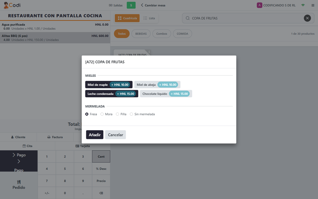 Paso 9 - El cajero marca lo que pidió el cliente - Cómo hacer que el producto pregunte opciones al cajero (sabores, salsas, mieles)