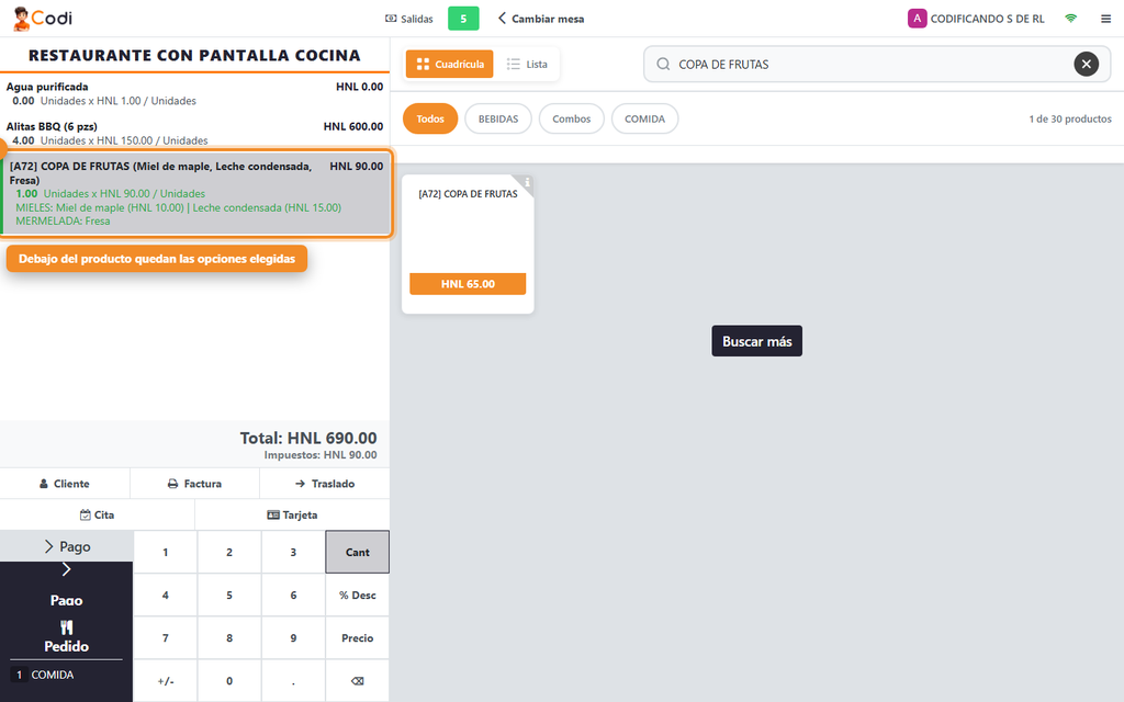 Paso 10 - Cómo queda en el pedido - Cómo hacer que el producto pregunte opciones al cajero (sabores, salsas, mieles)