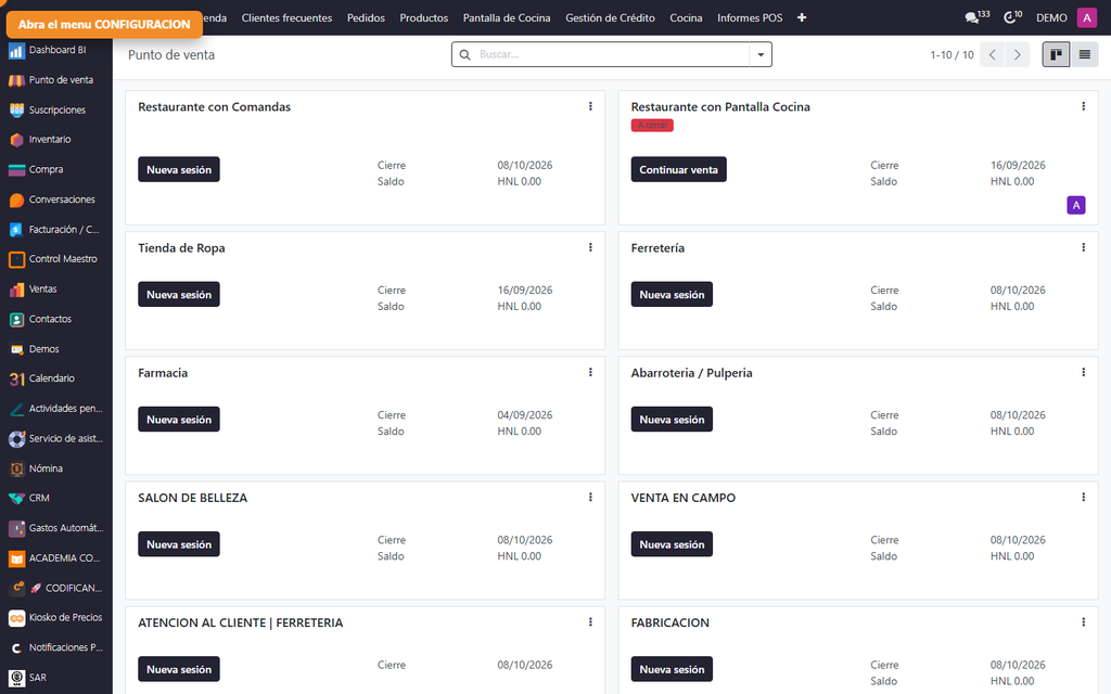 Paso 2 - Abra el menú Configuración - Cómo registrar los métodos de pago del punto de venta