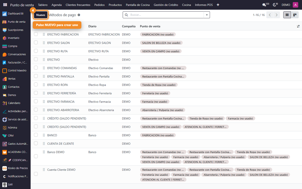 Paso 5 - Pulse Nuevo - Cómo registrar los métodos de pago del punto de venta